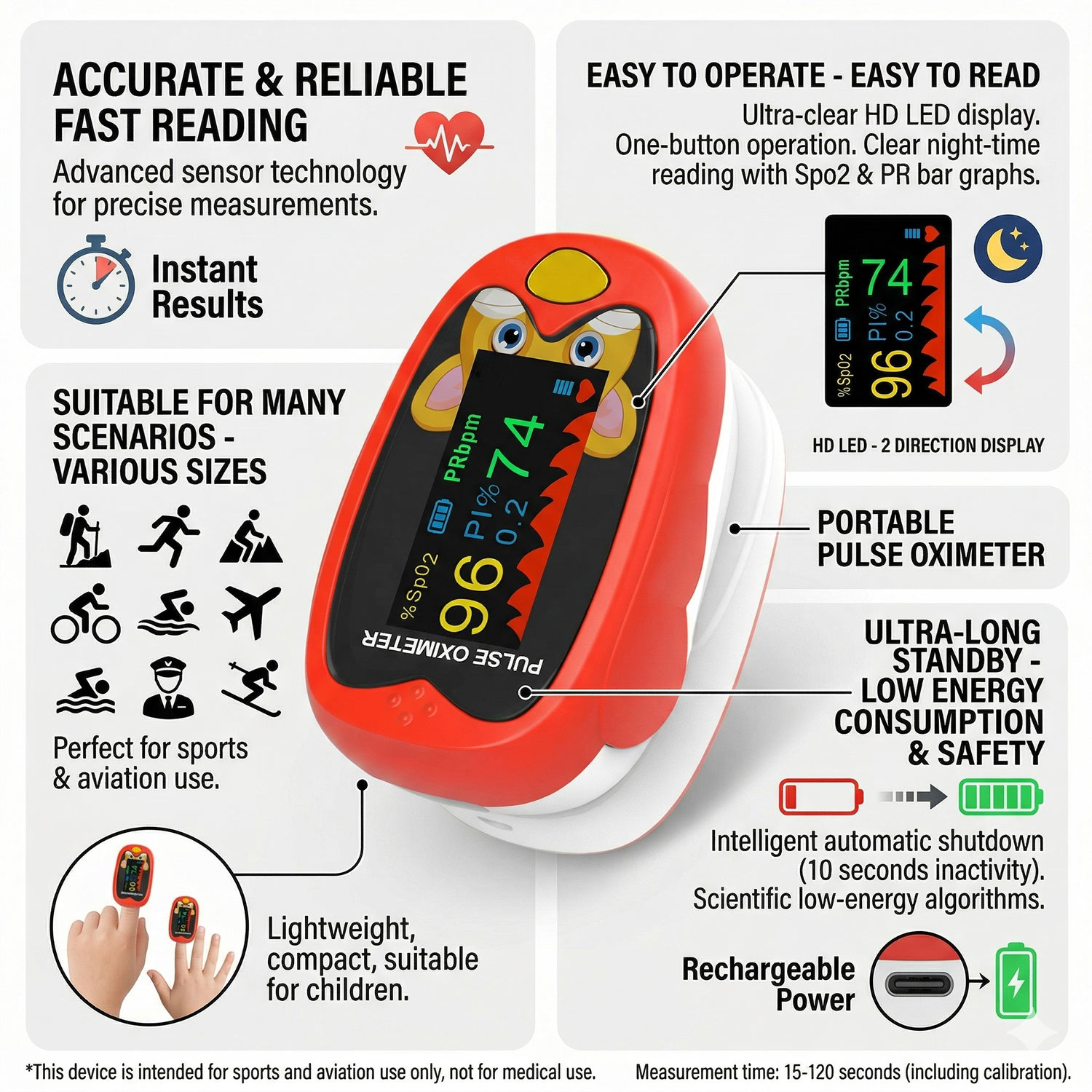 Pulse Oximeter Fingertip Rechargeable - Pulsossimetro da dito ricaricabile per bambini